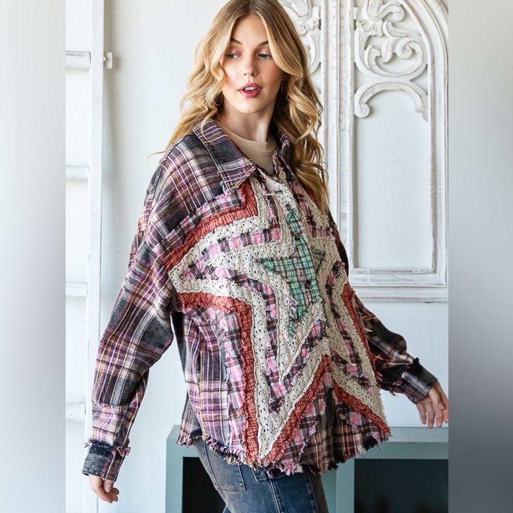 Oli & Hali Star Plaid Patchwork Star shacket lace  button down multicolor pink - Picture 5 of 9